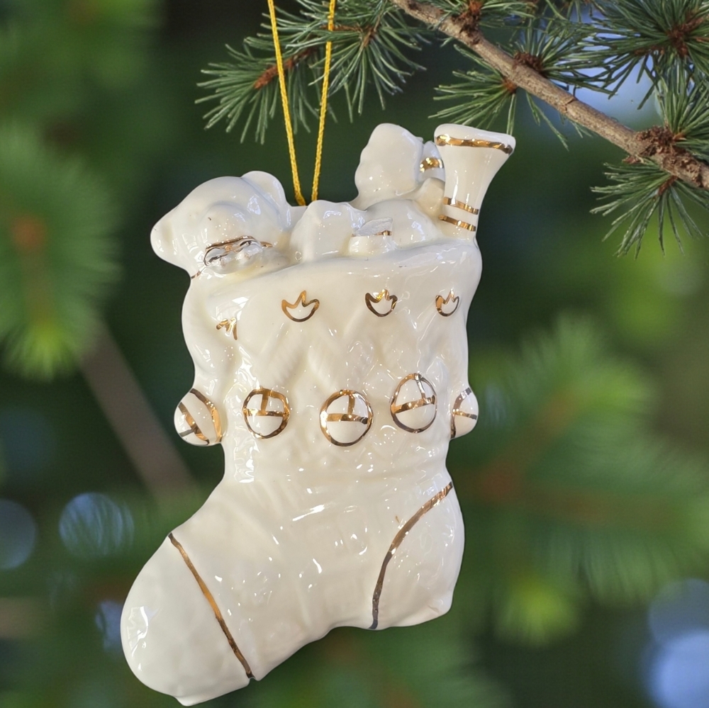 White & Gold Victorian Christmas Stocking French Country Holiday Decor Ornament
